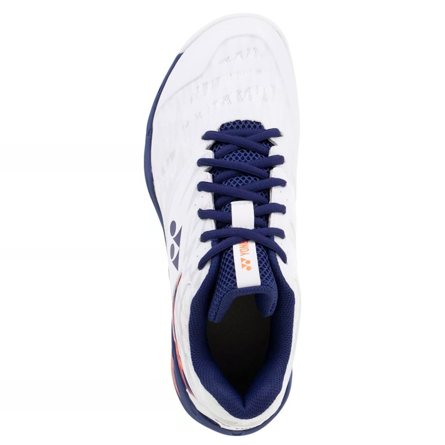 White Yonex squash shoe with blue and orange accents on a white background