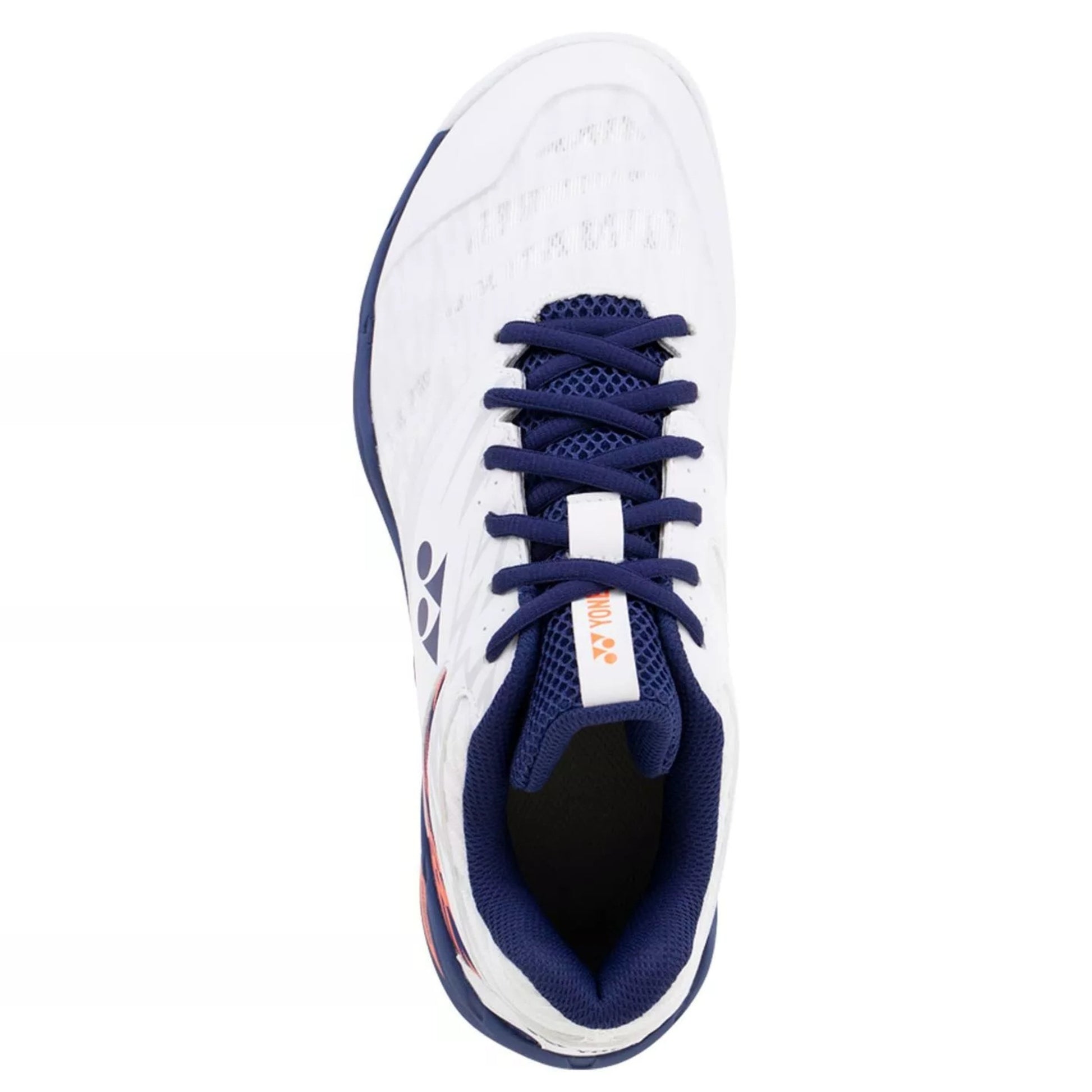 White Yonex squash shoe with blue and orange accents on a white background