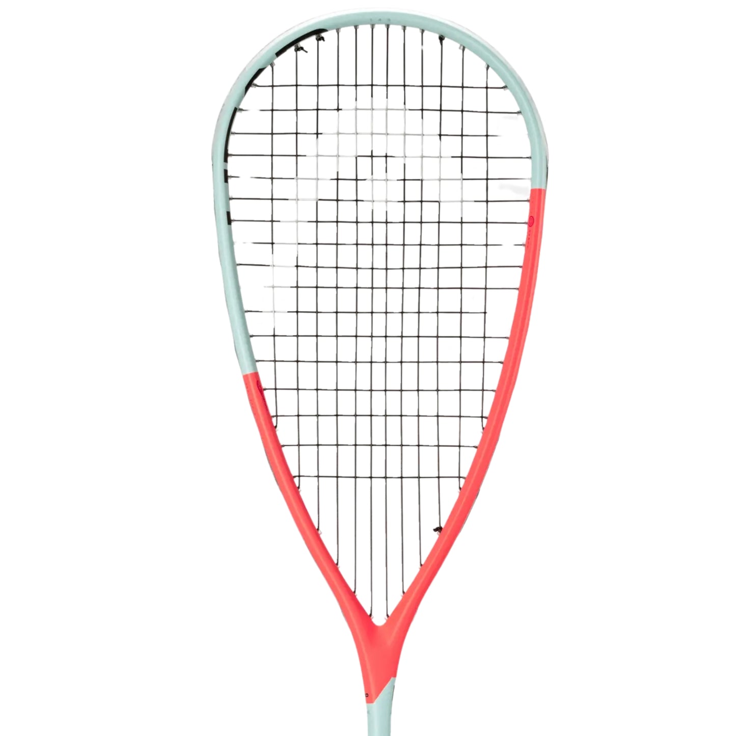 Squash racket with orange and gray design on a white background