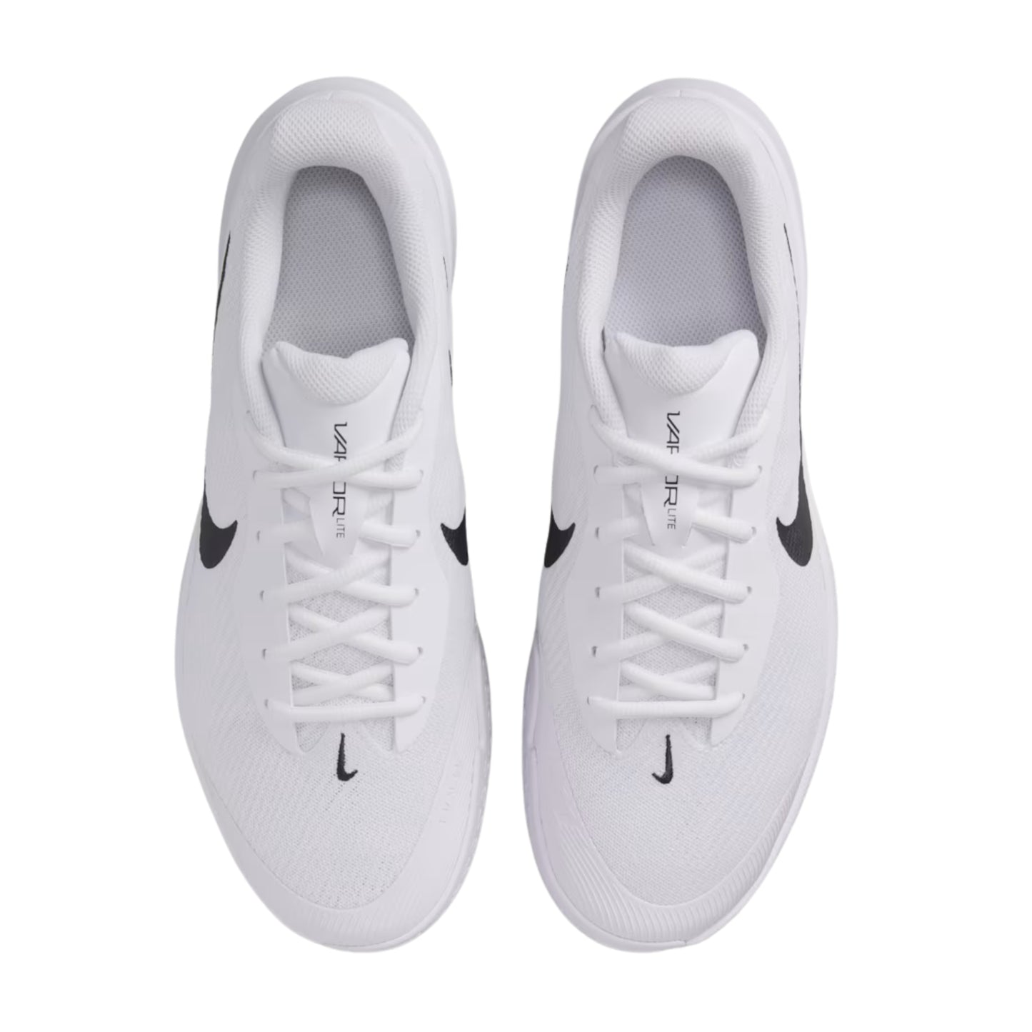 White tennis shoes with black swoosh logo on a white background