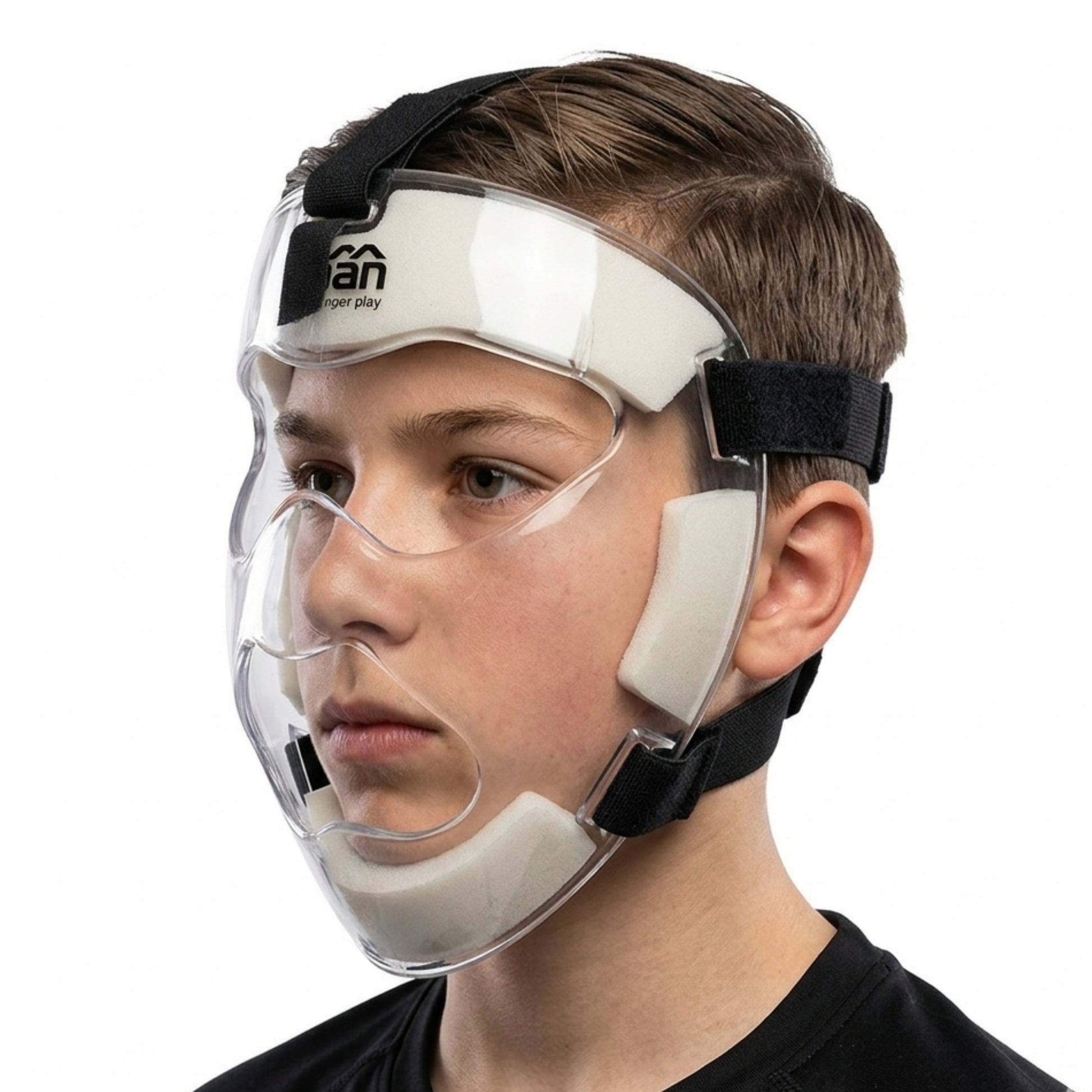Person wearing a clear face shield with black straps on a white background