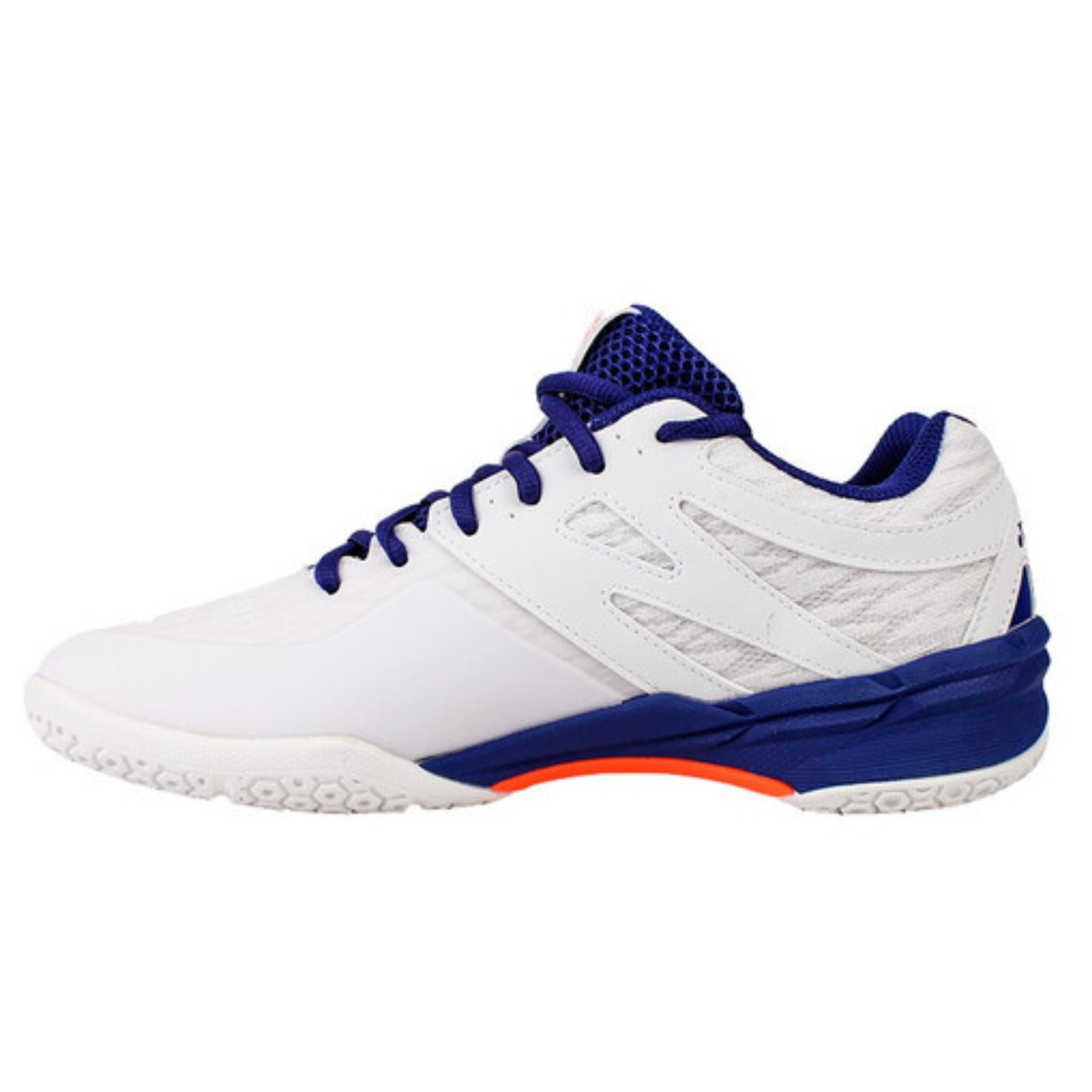 White Yonex squash shoe with blue and orange accents on a white background