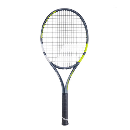 Tennis Babolat racket with a black and yellow design on a white background