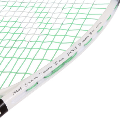Close-up of a Tecnifibre squash showing the white frame, green strings, and printed technical specifications on the racket shaft against a white background.
