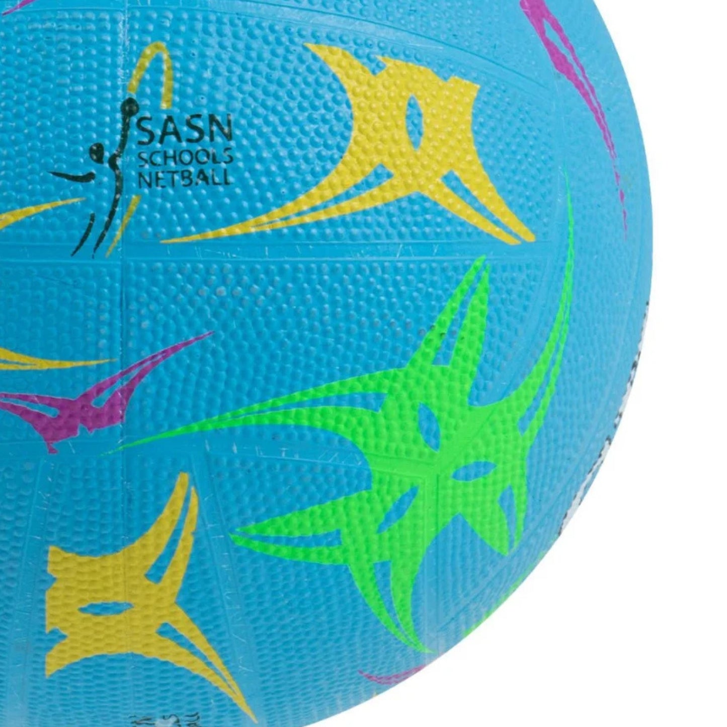 Gilbert blue netball ball with colorful patterns a white background