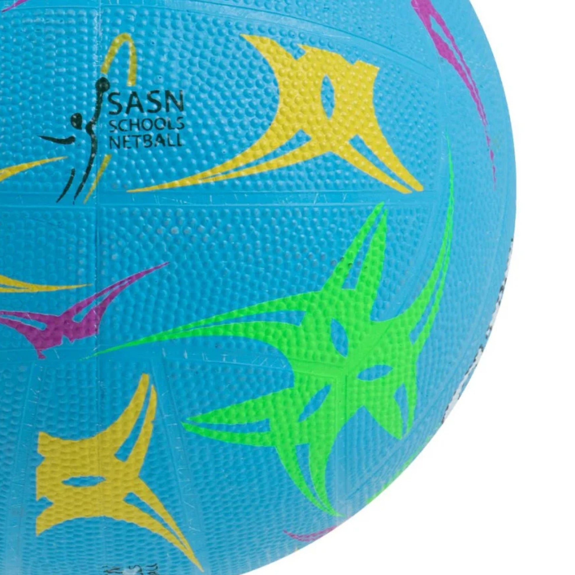 Gilbert blue netball ball with colorful patterns a white background
