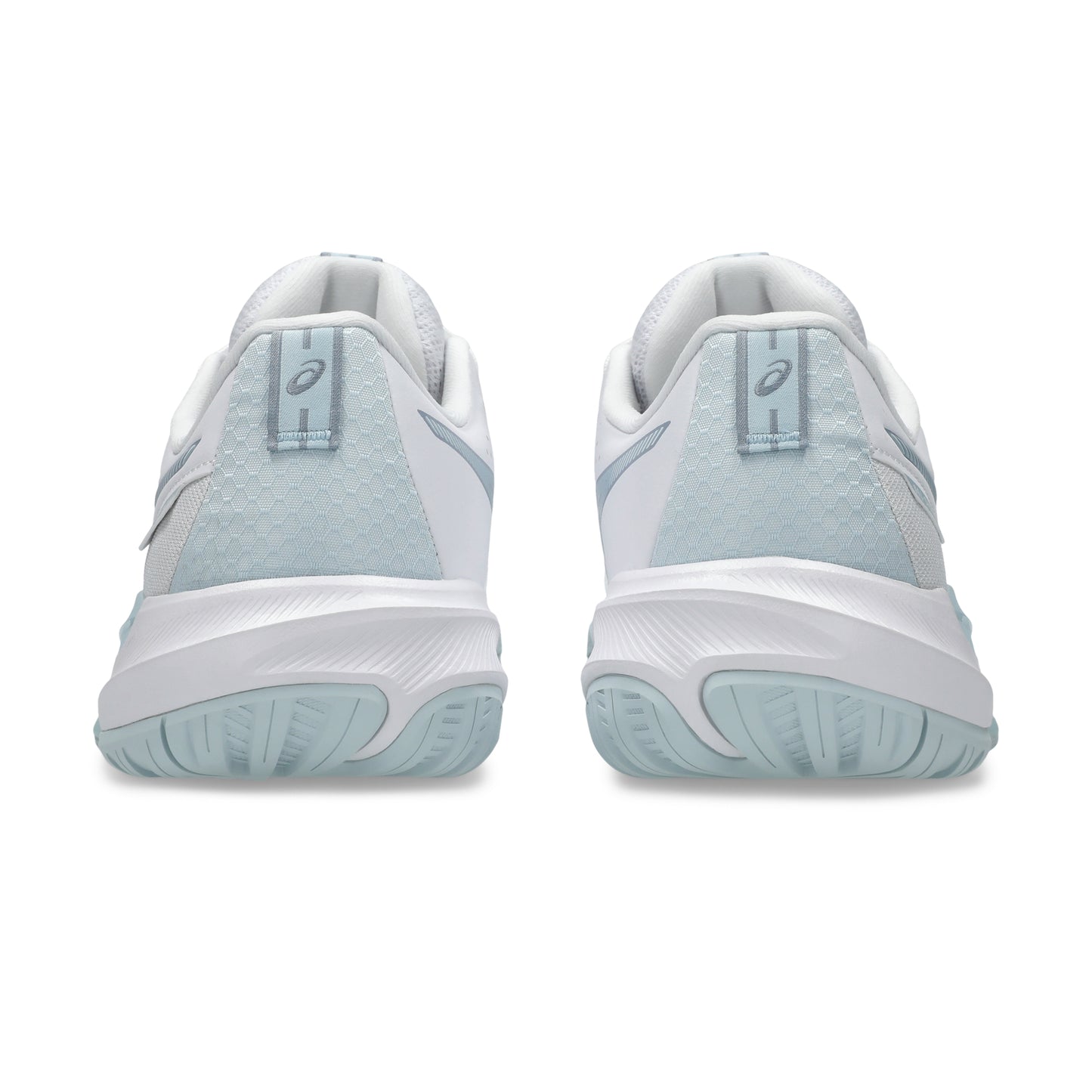 Back view of Asics shoes with Asics logo on a white background