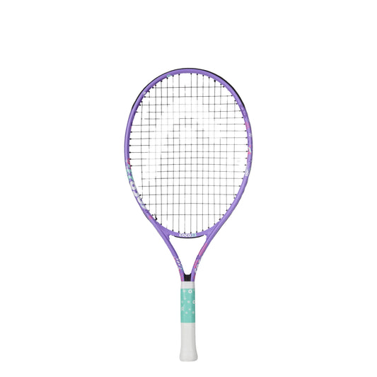 A Head tennis racket with a purple frame, black strings, and a white grip with a mint green accent, shown against a plain white background.