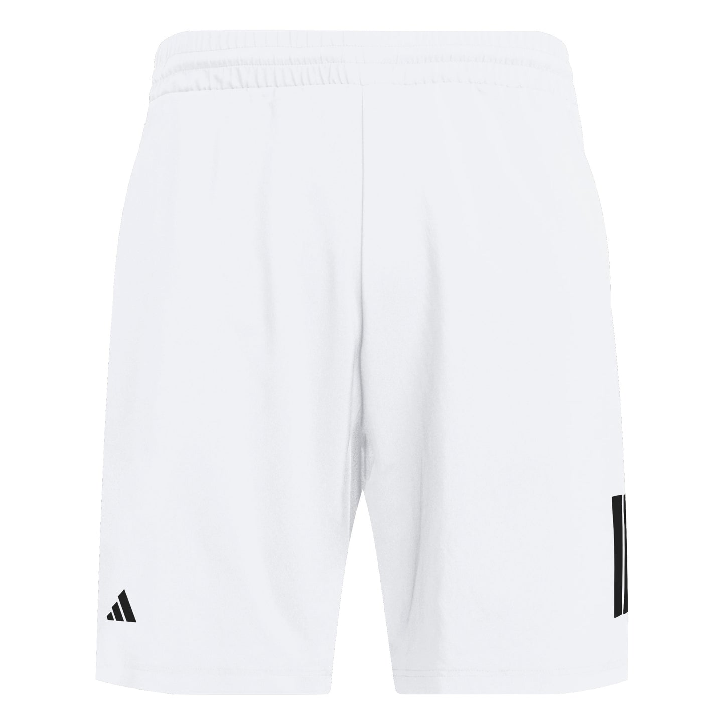 White shorts with black Adidas logo on a white background