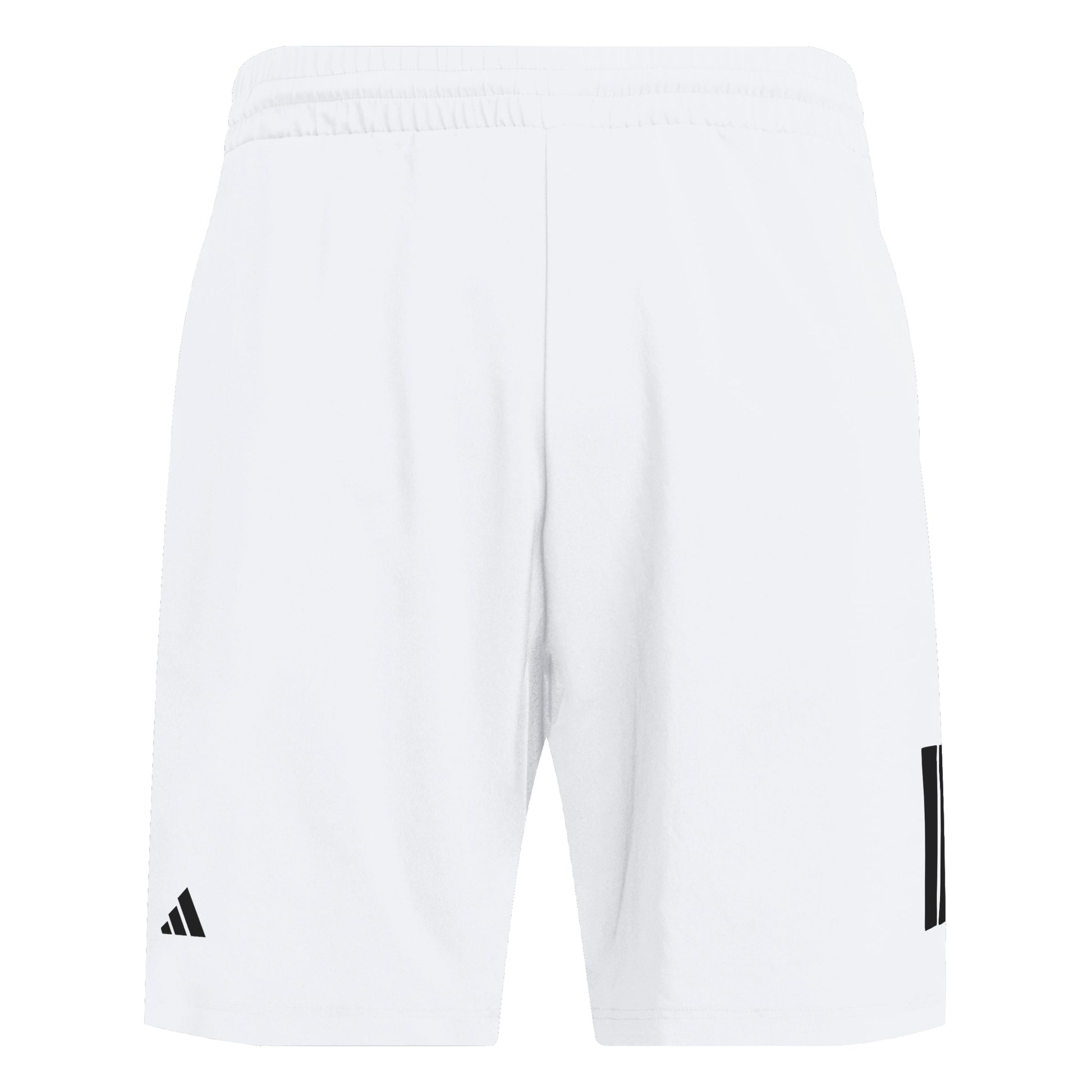 White shorts with black Adidas logo on a white background