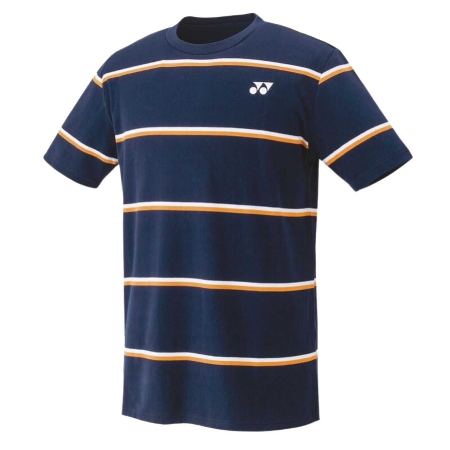 Navy blue Yonex t-shirt with yellow stripes on a white background