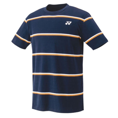 Navy blue Yonex t-shirt with yellow stripes on a white background
