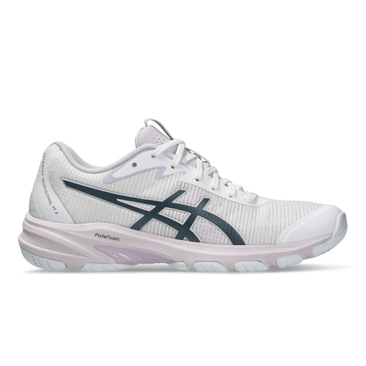 White Asics shoe with black logo on a white background
