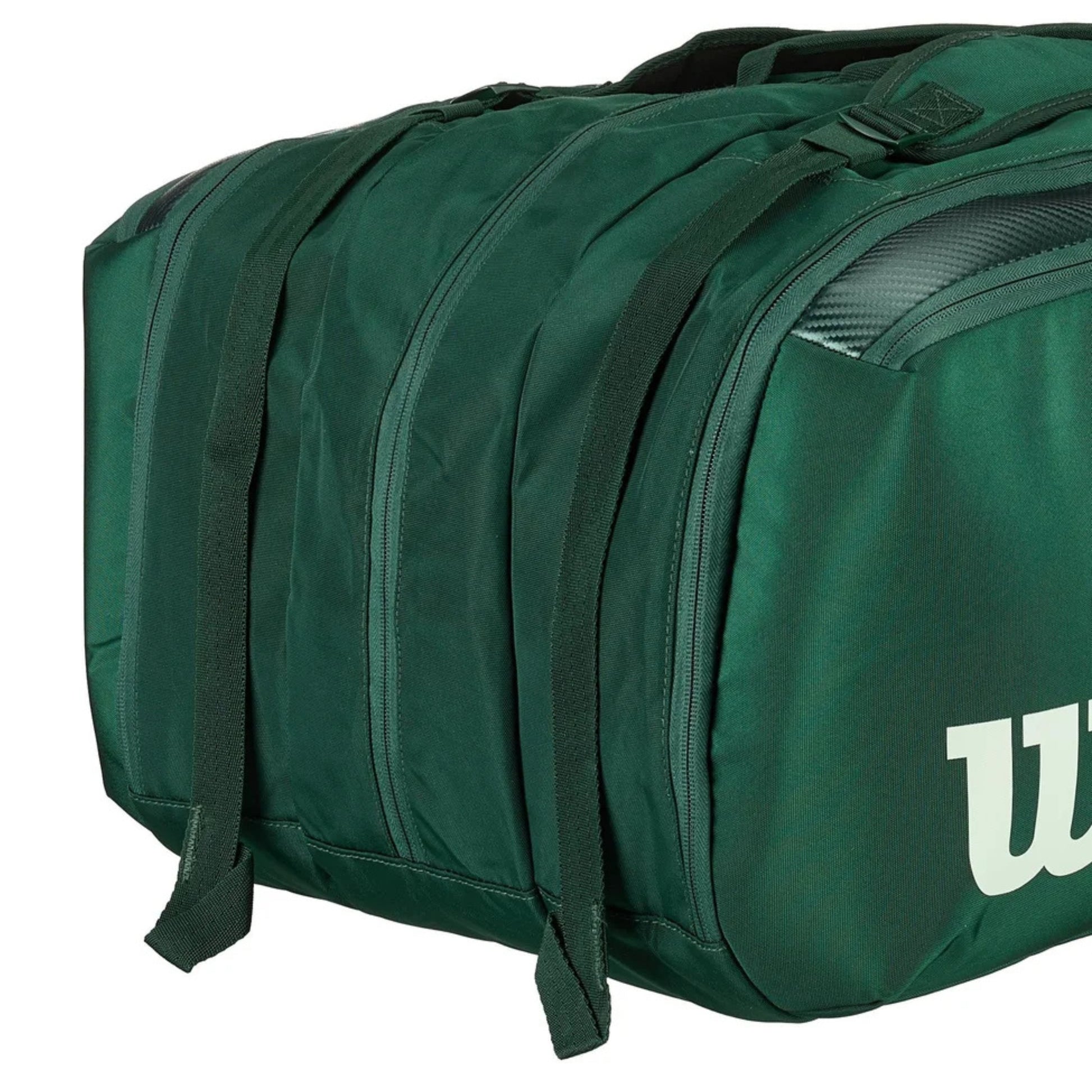 Green tennis racket bag with a visible brand logo on a white background