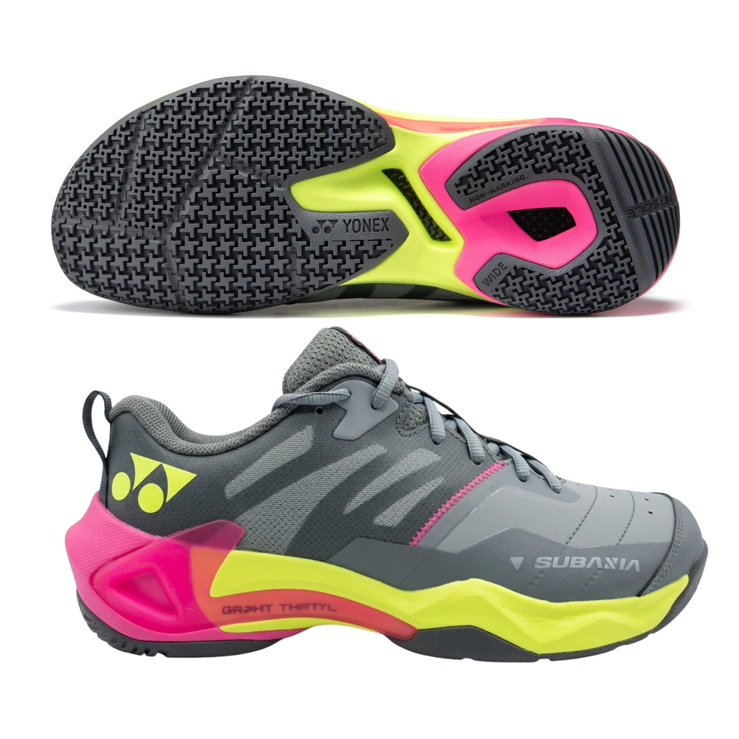 Gray Yonex squash shoe with pink and yellow accents on a white background