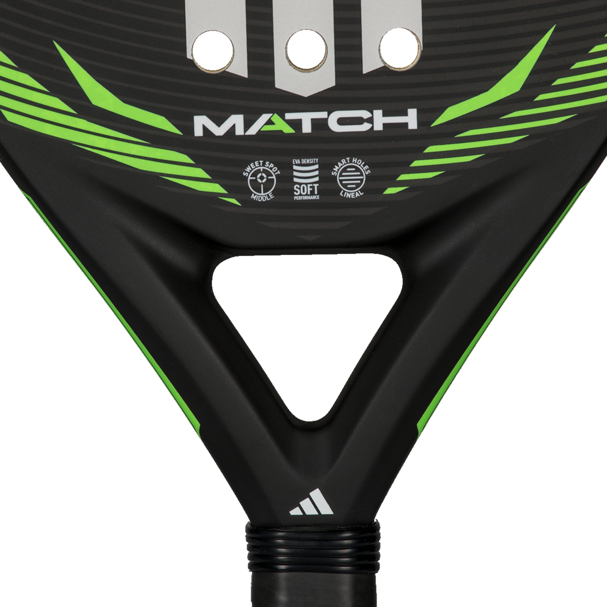Close-up of a padel racket with 'Match' branding on a black background
