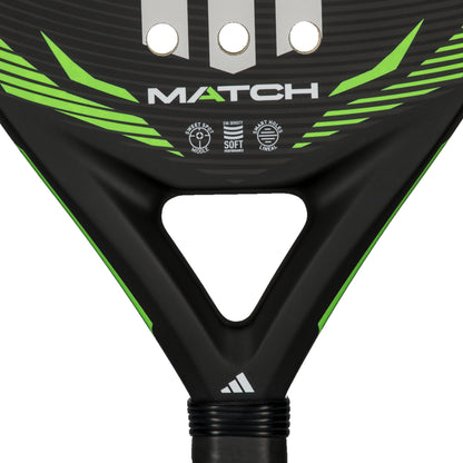 Close-up of a padel racket with 'Match' branding on a black background
