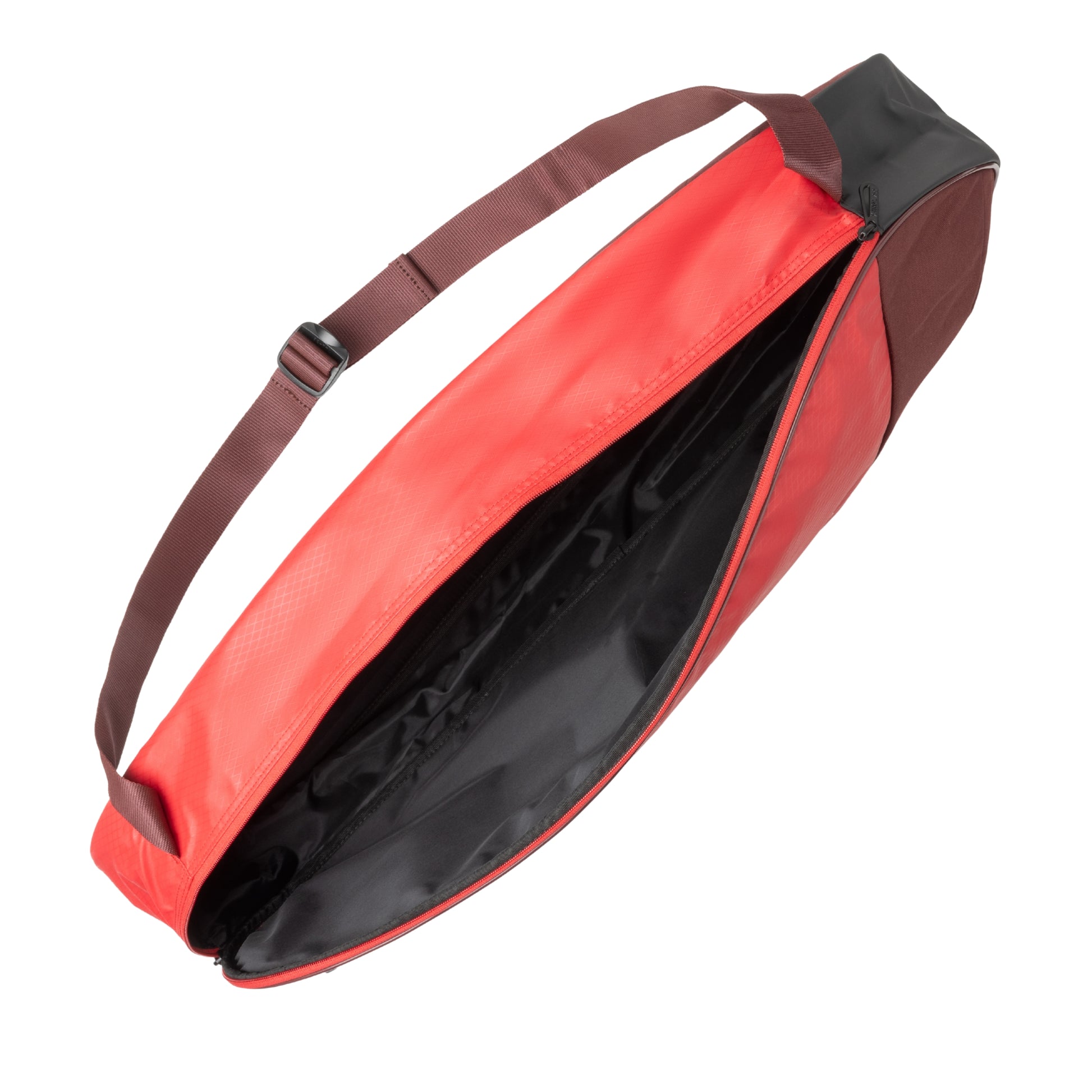 Red tennis bag with a brown strap on a white background