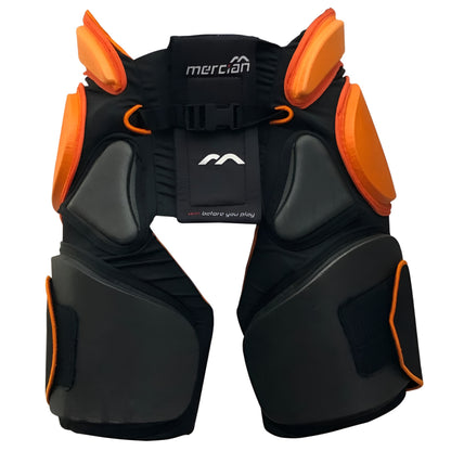 Black and orange protective gear with 'Mercian' branding on a white background