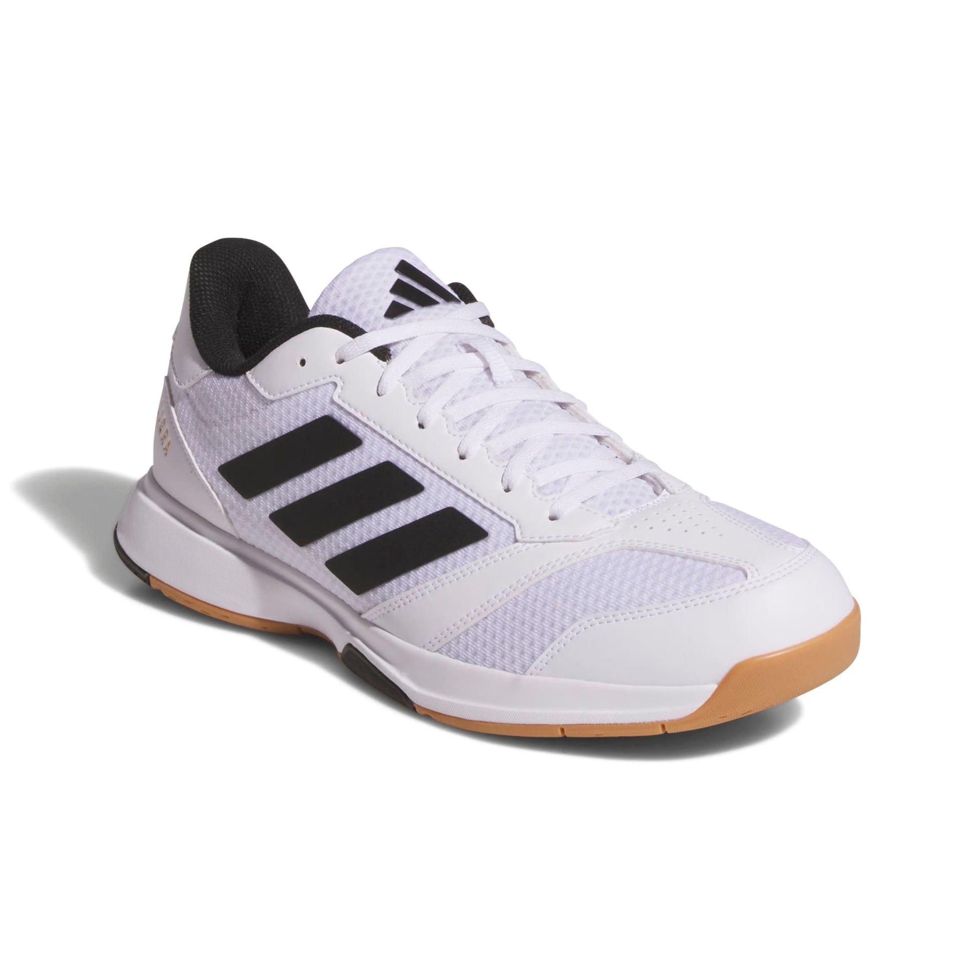 White Adidas squash shoe with black stripes on a white background