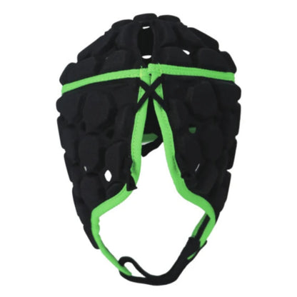Black headguard with green straps on a white background