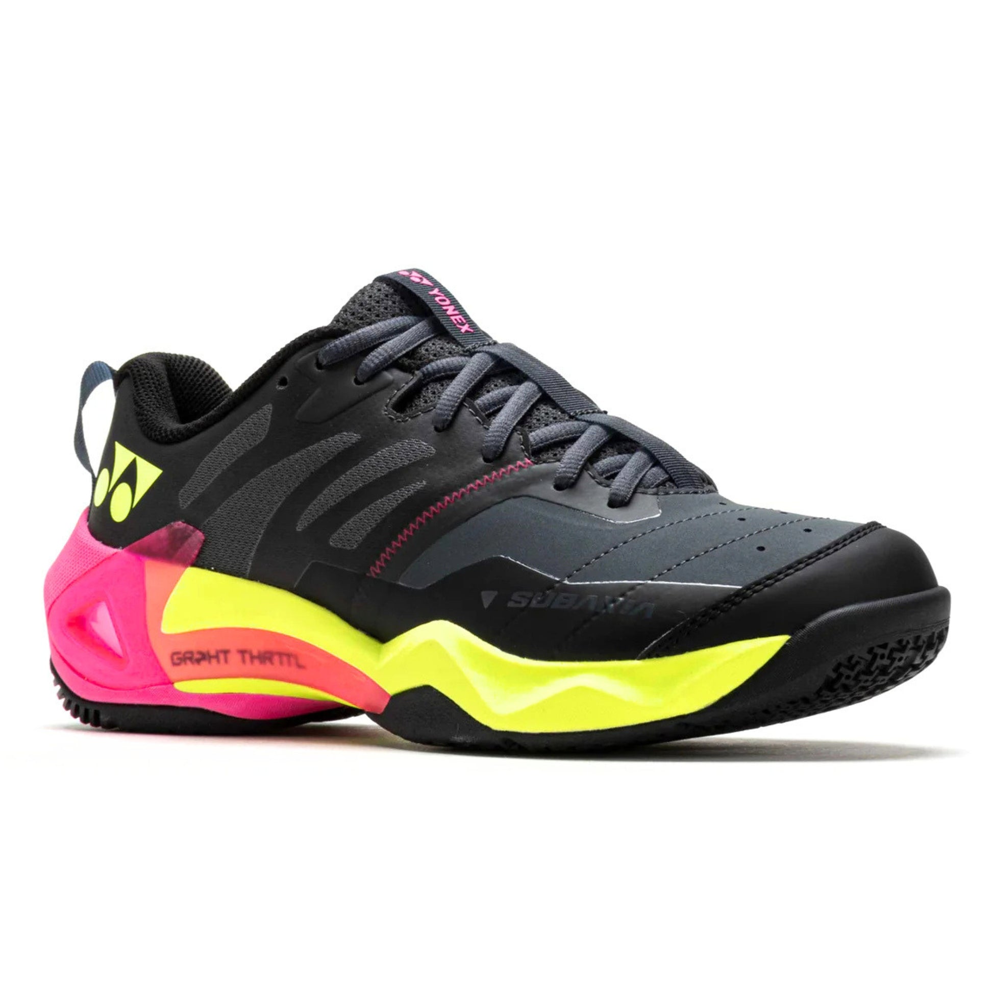 Black and neon yellow Yonex shoe with pink accents on a white background