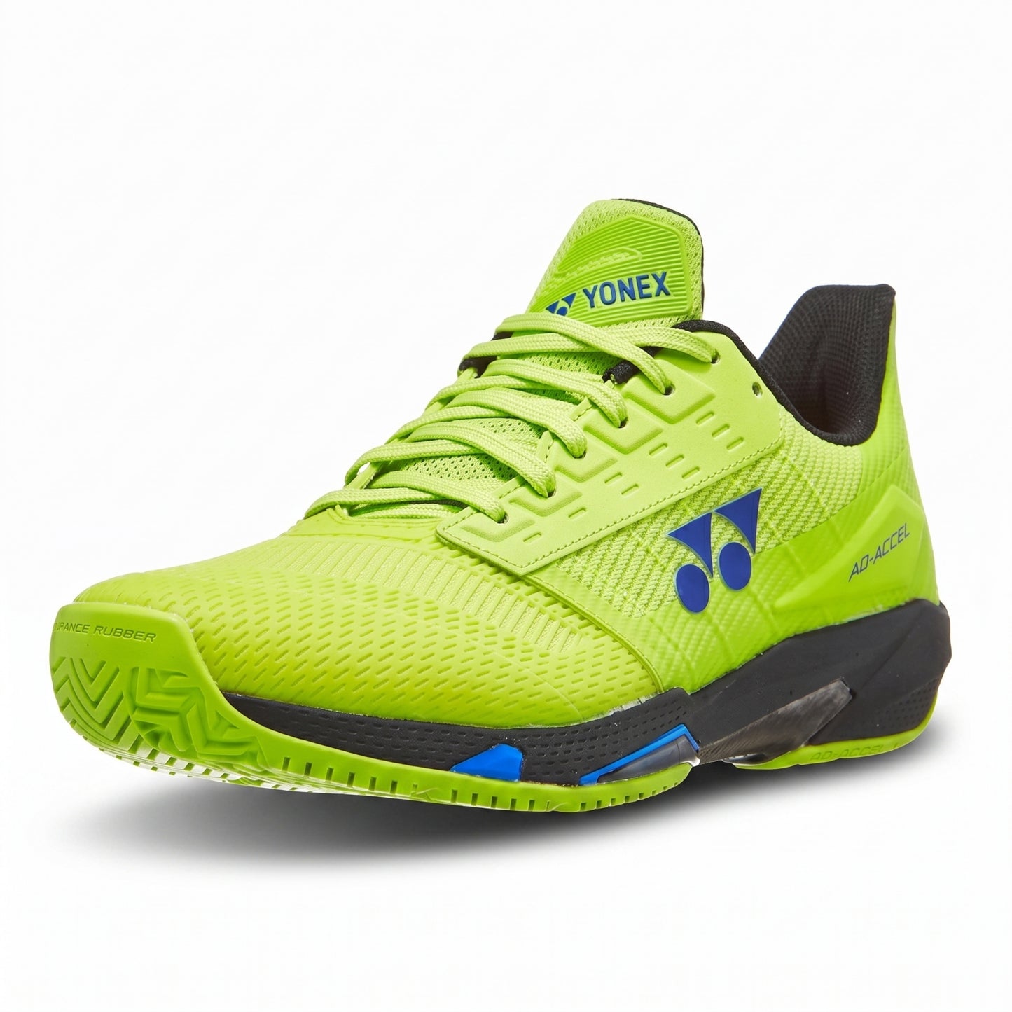 Bright green athletic shoe with black accents on a white background