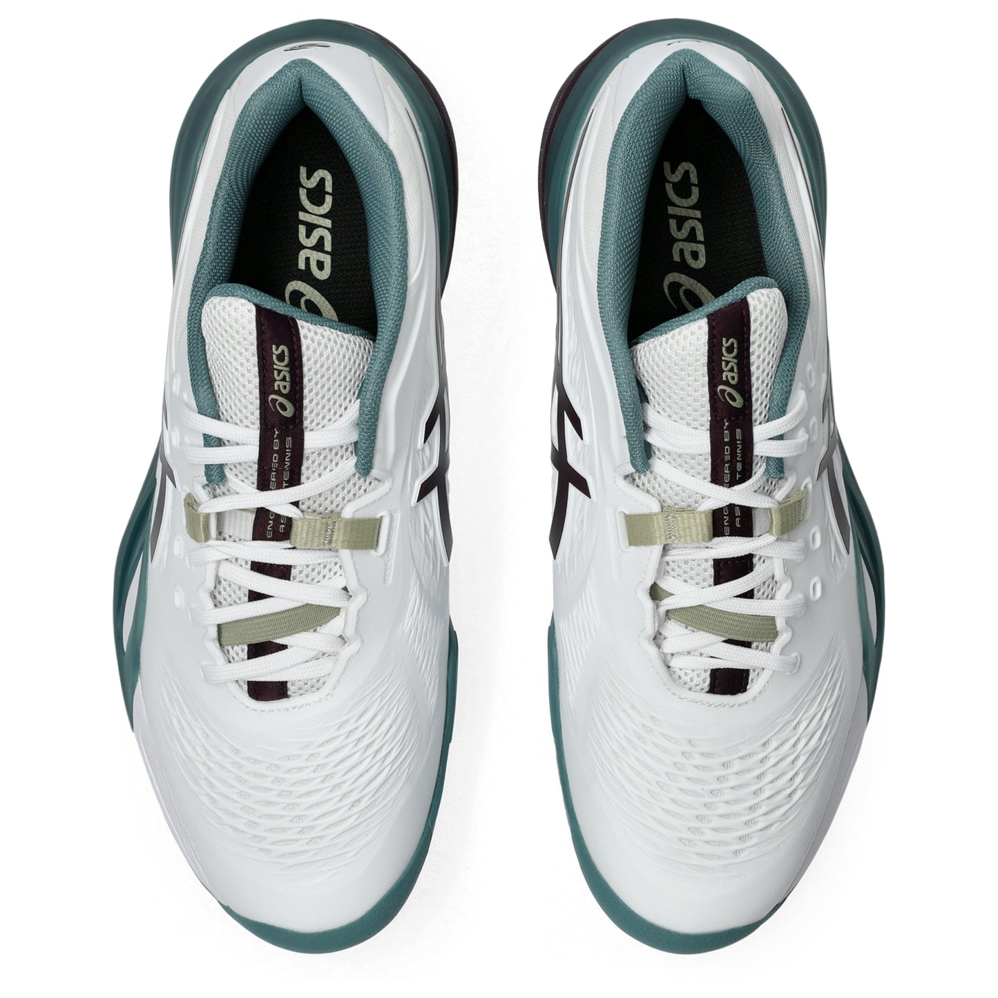 A pair of ASICS tennis shoes shown from a top-down view, featuring a white mesh upper with teal accents, white laces, and a dark teal and black interior.