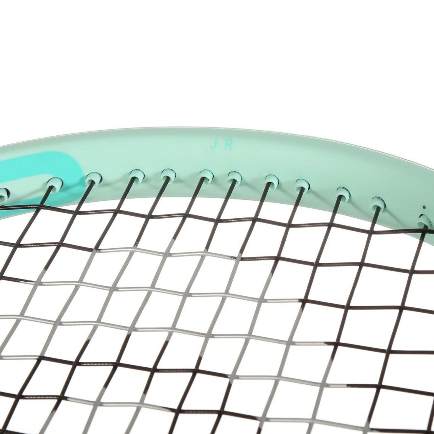 Close-up of a tennis racket with a white and green frame on a white background