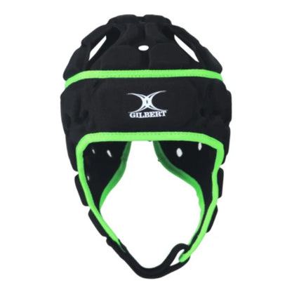 Black headguard with green trim and Gilbert logo on a white background