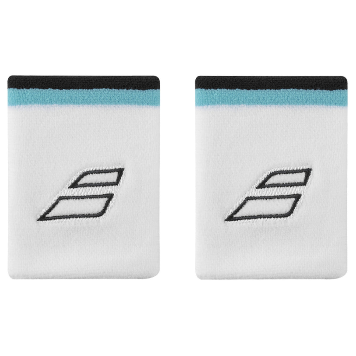 Two white Babolat wristbands with black and blue accents on a white background