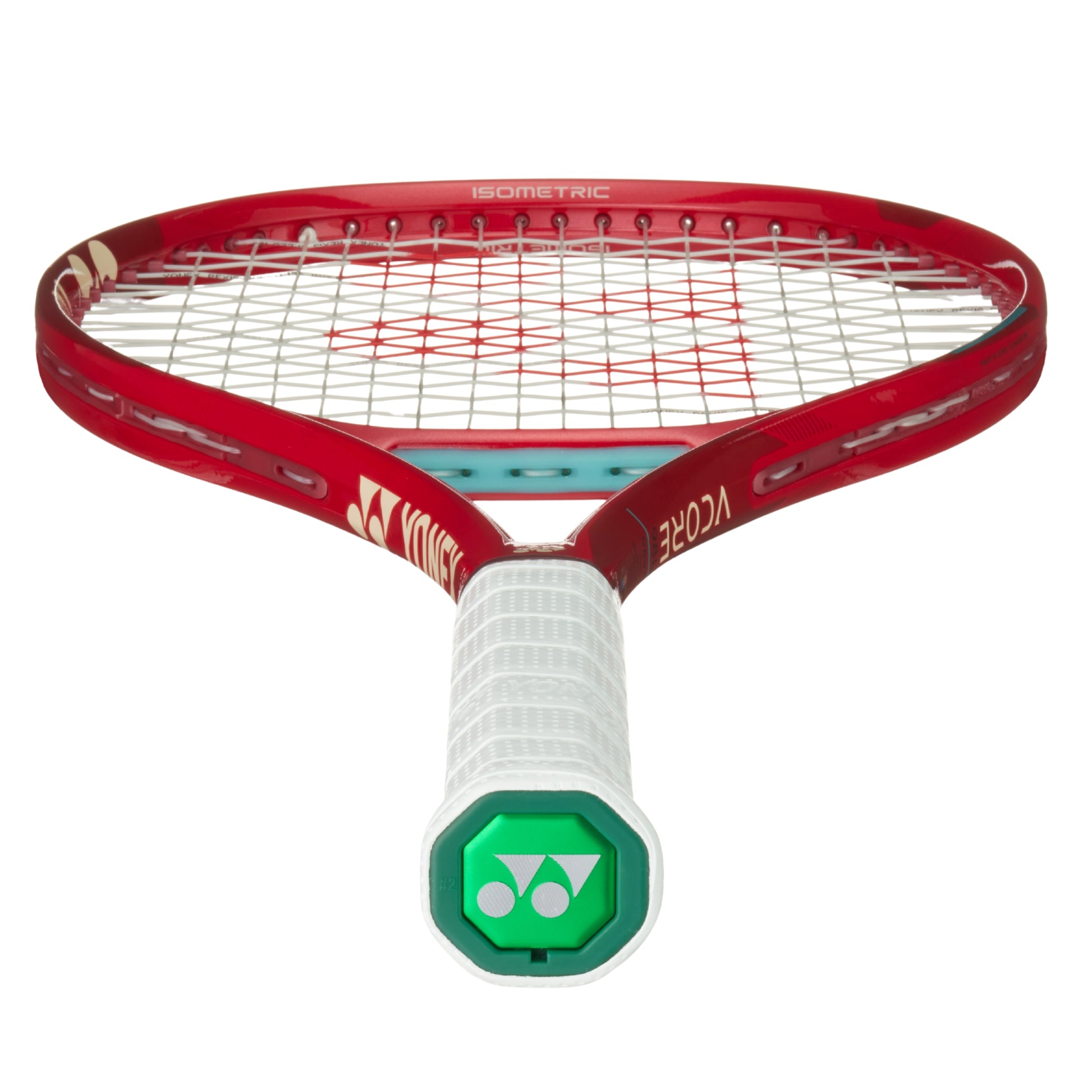 Red tennis racket with a white handle featuring Yonex branding on a white background
