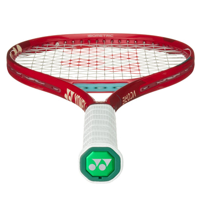 Red tennis racket with a white handle featuring Yonex branding on a white background