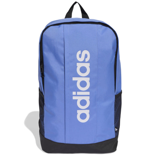 Blue Adidas backpack with white logo on a white background