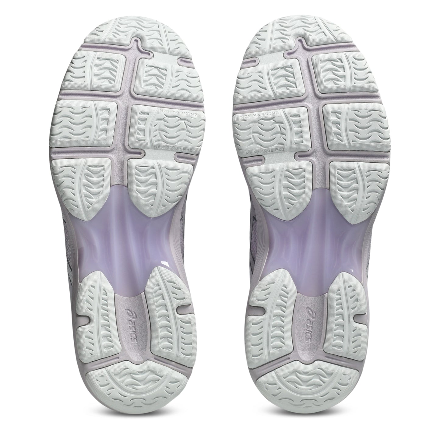 White Asics shoe sole with tread pattern on a white background