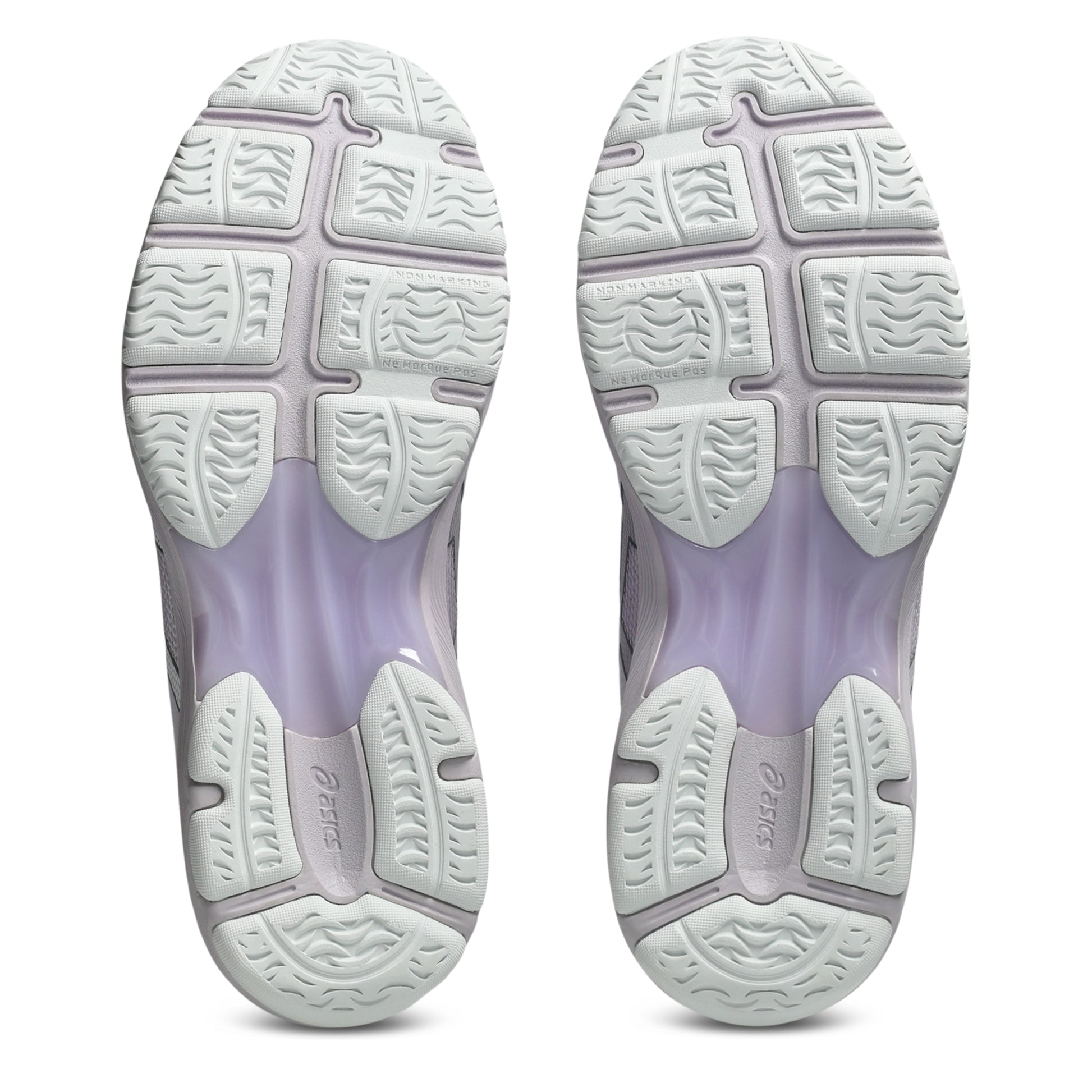 White Asics shoe sole with tread pattern on a white background