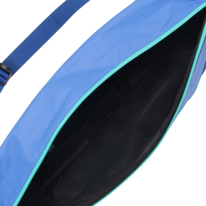 Blue tennis racket bag with a black interior on a white background
