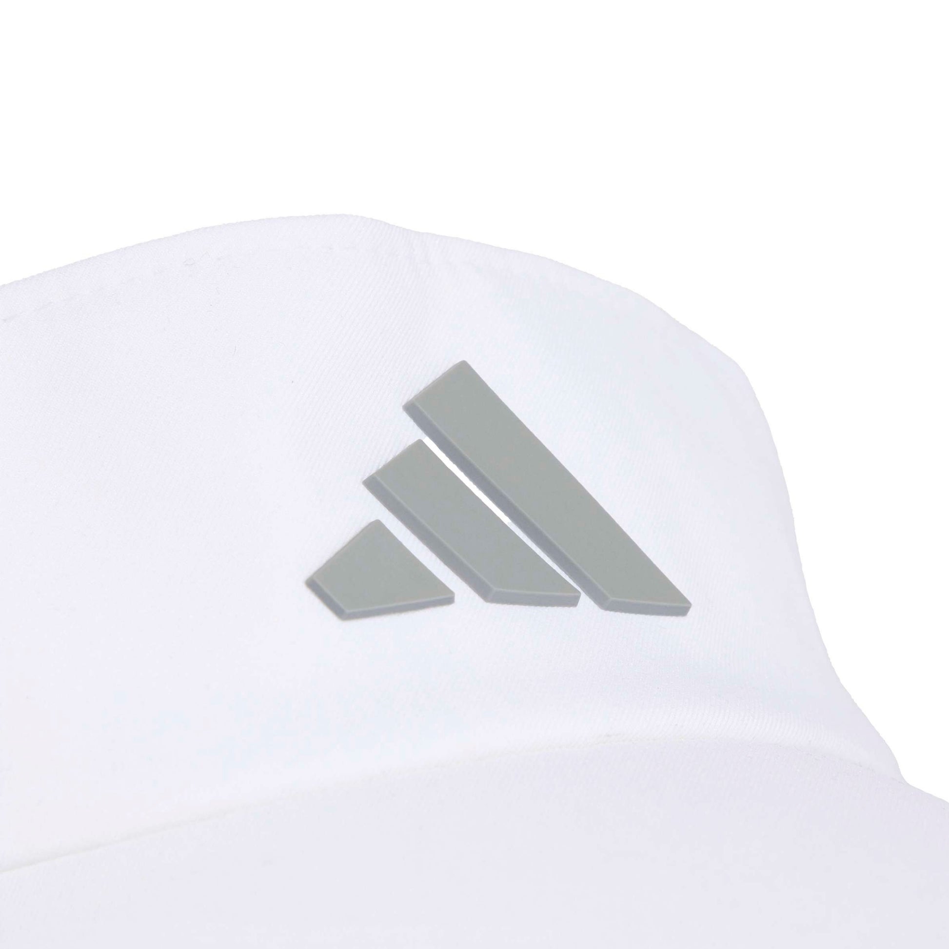 Close-up of a white Adidas visor featuring the brand's signature three-bar logo in a metallic silver finish on the front.