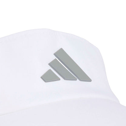 Close-up of a white Adidas visor featuring the brand's signature three-bar logo in a metallic silver finish on the front.