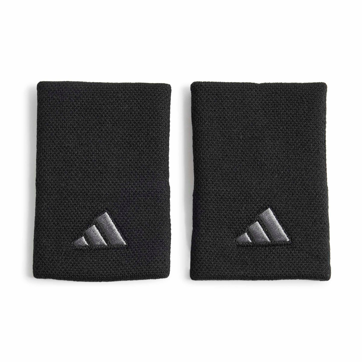 Black adidas wristbands with a silver logo on a white background