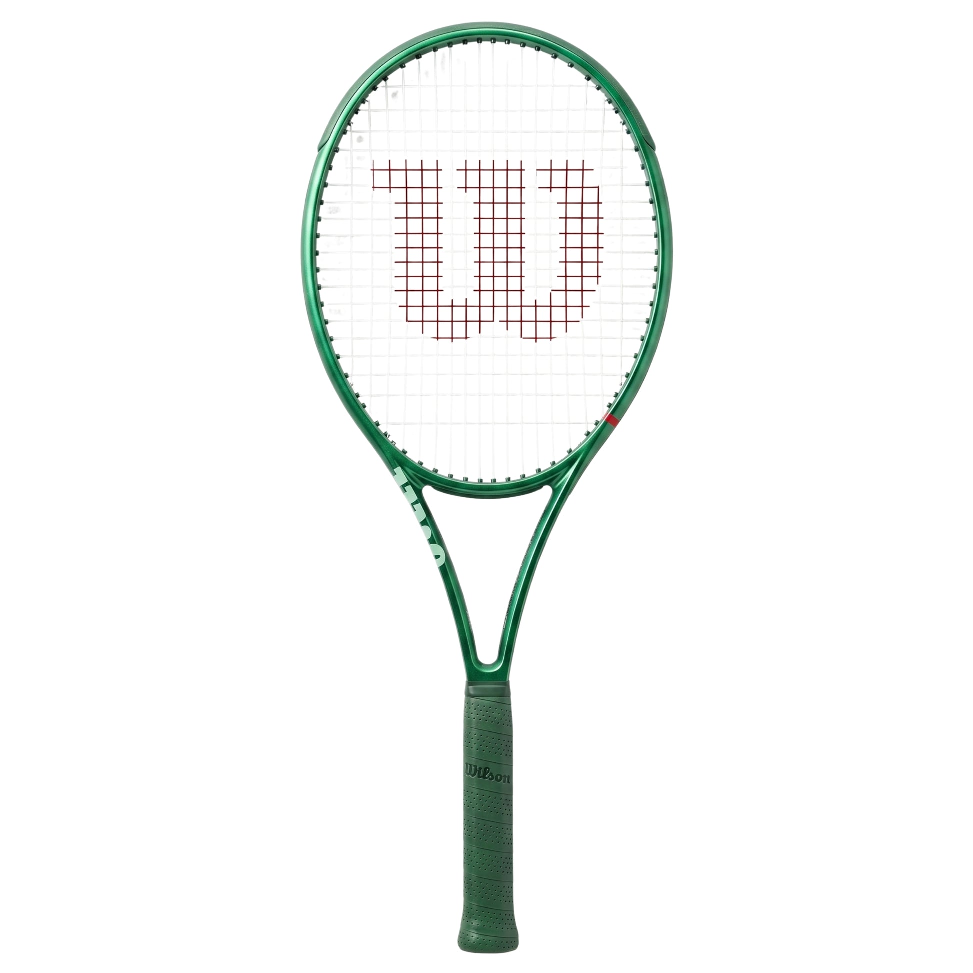 Green Wilson tennis racket with a white strings background on a white background