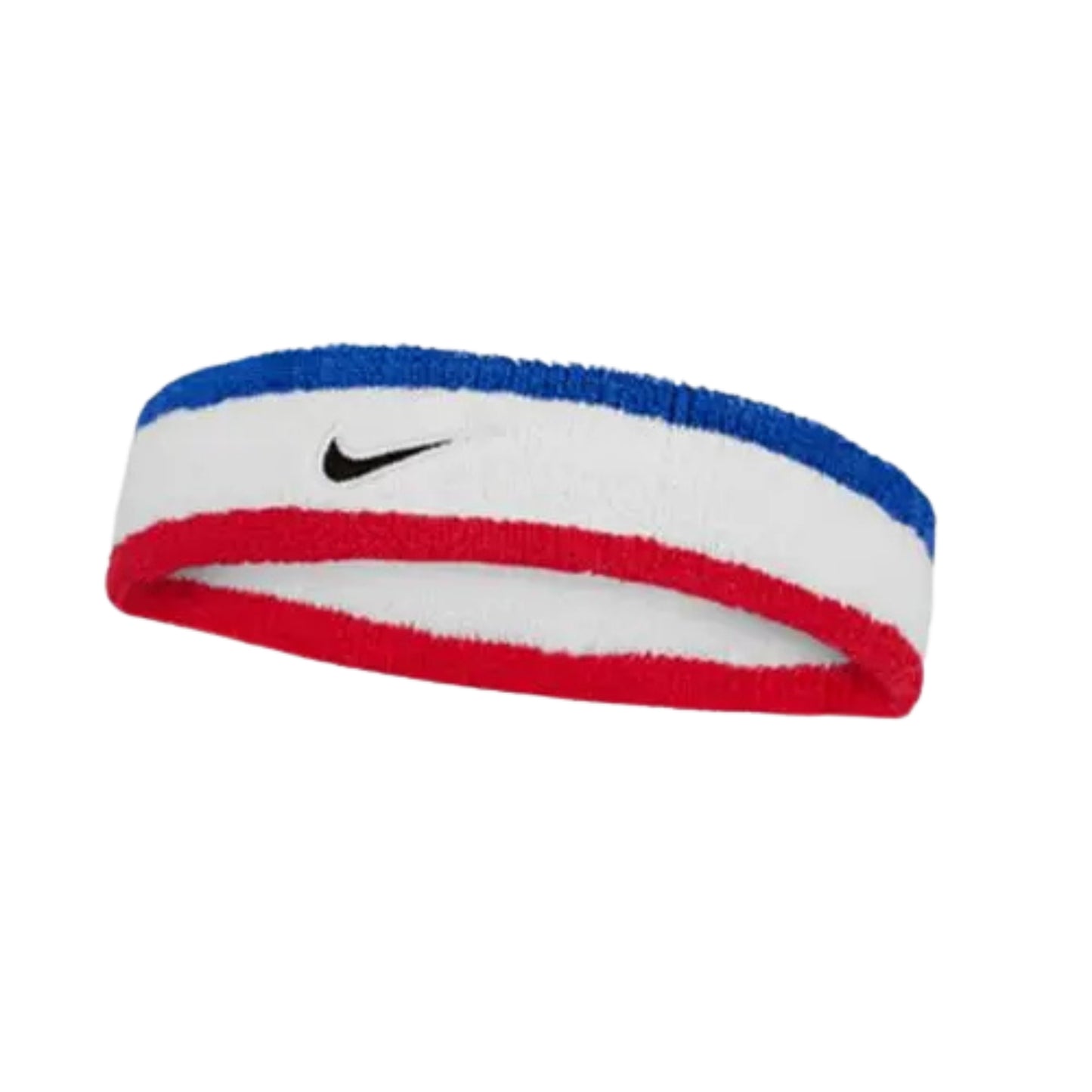 Nike headband with red, white, and blue stripes on a white background
