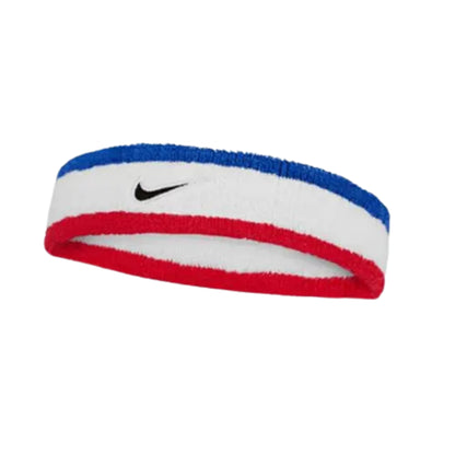 Nike headband with red, white, and blue stripes on a white background