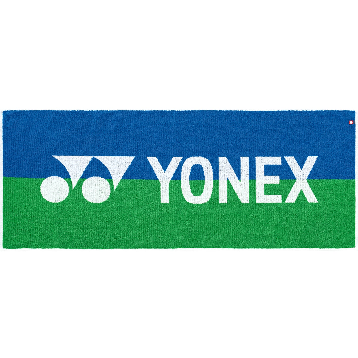 Yonex towel with blue and green stripes and logo on a white background