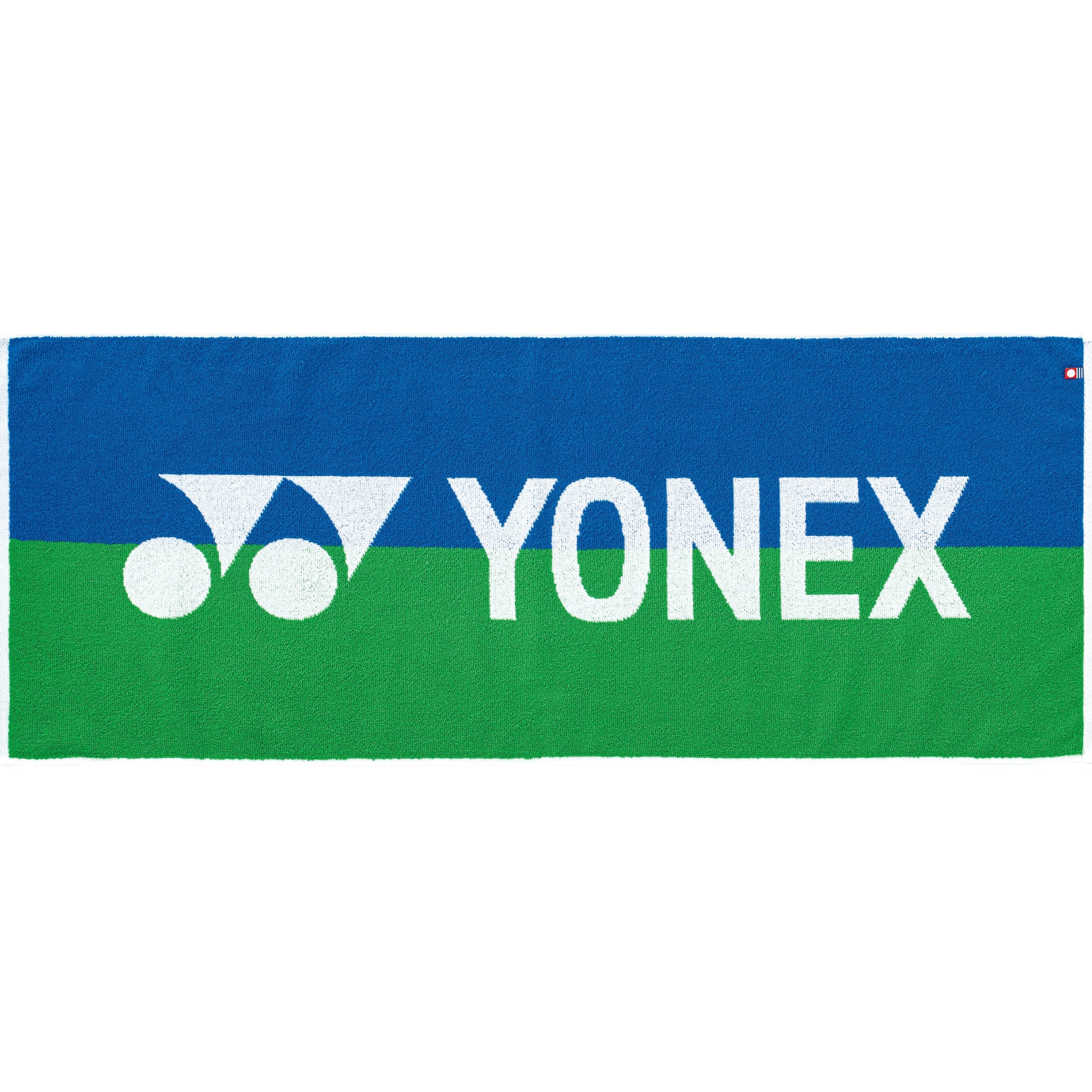 Yonex towel with blue and green stripes and logo on a white background