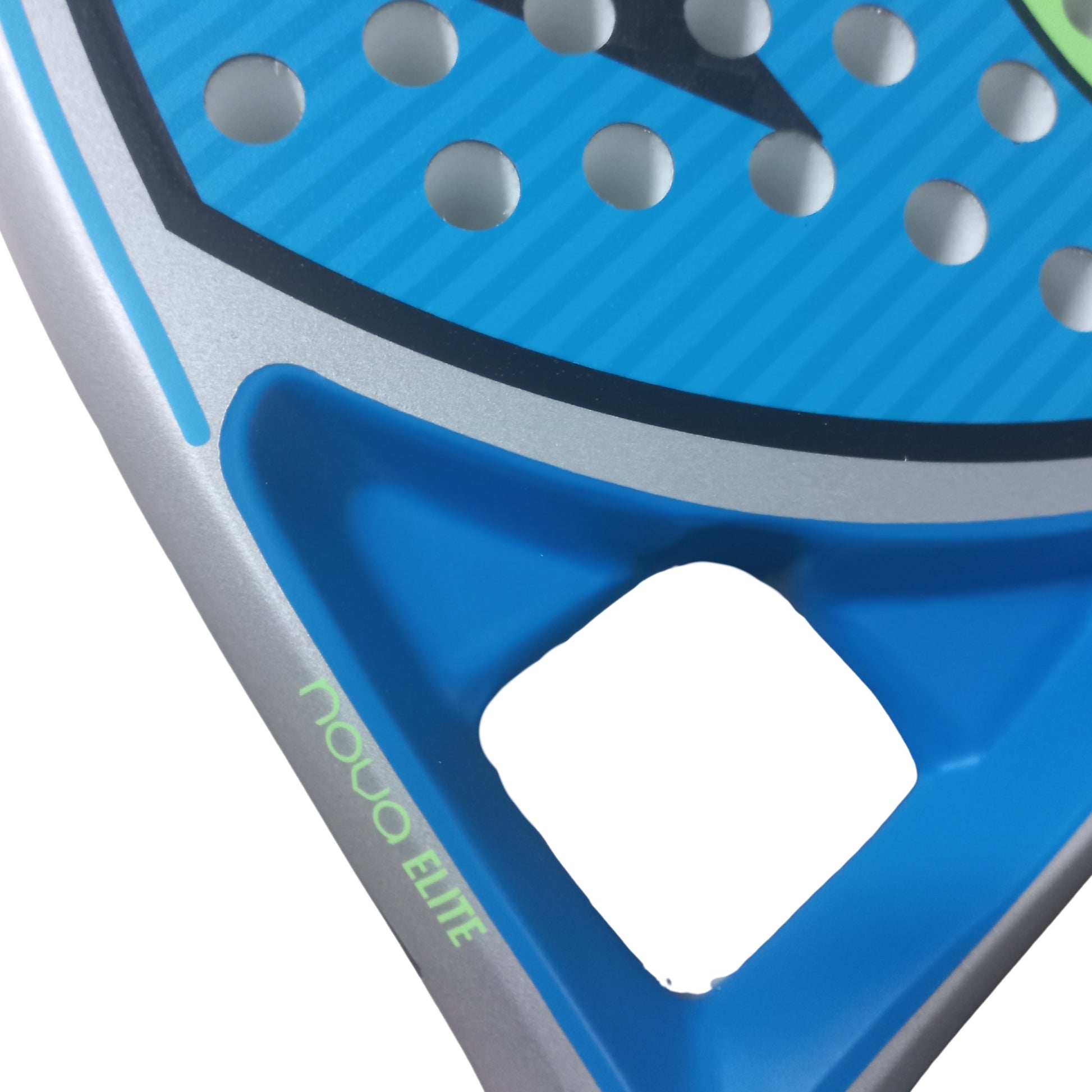 Close-up of a blue and gray Puma padel racket with 'NOVO ELITE' branding on a white background