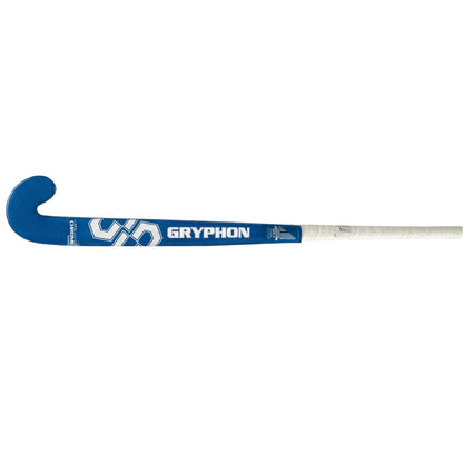 A blue and white field hockey stick with the brand name 'Gryphon' printed on the blade, shown against a plain white background.
