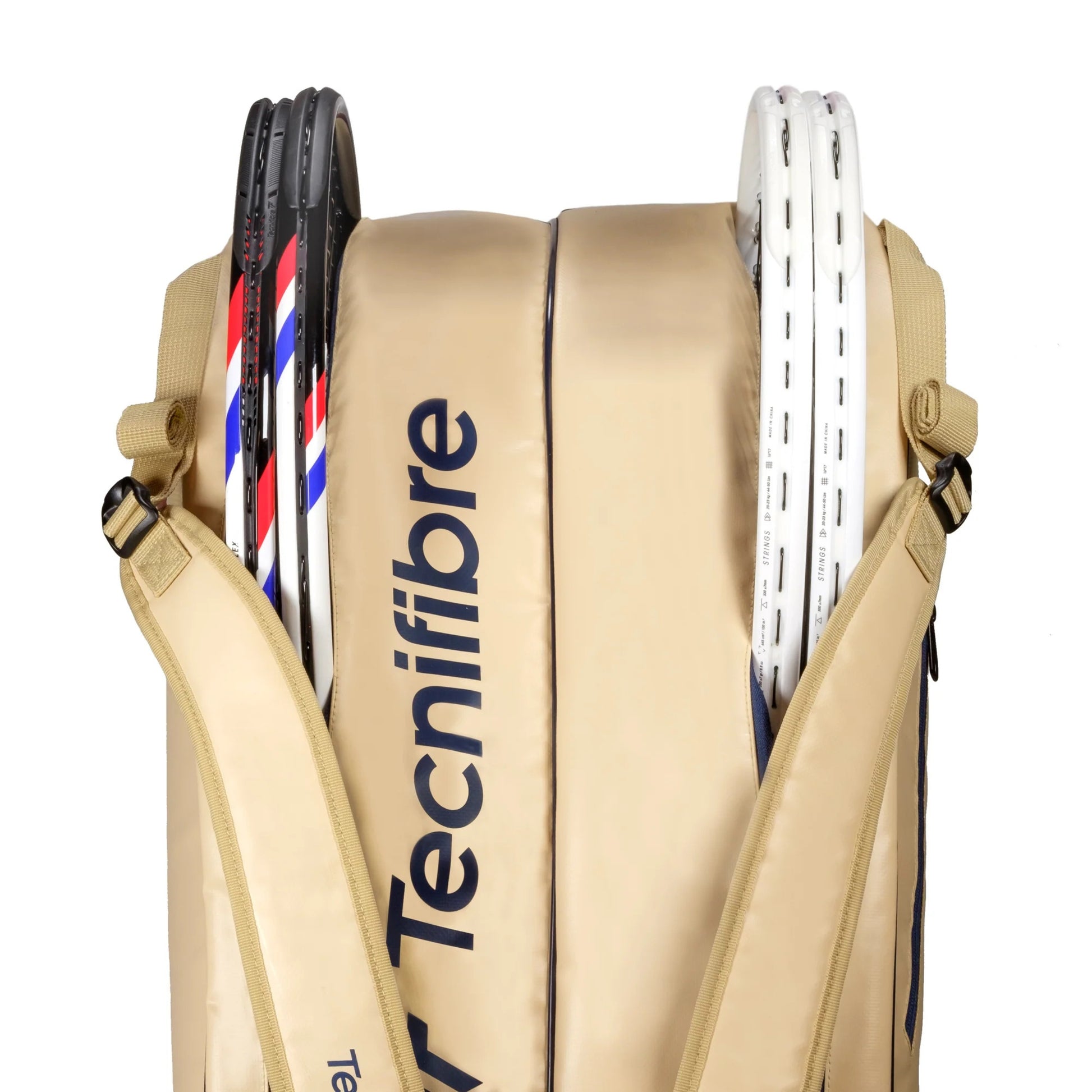 Beige Tecnifibre tennis racket bag with rackets inside on a white background