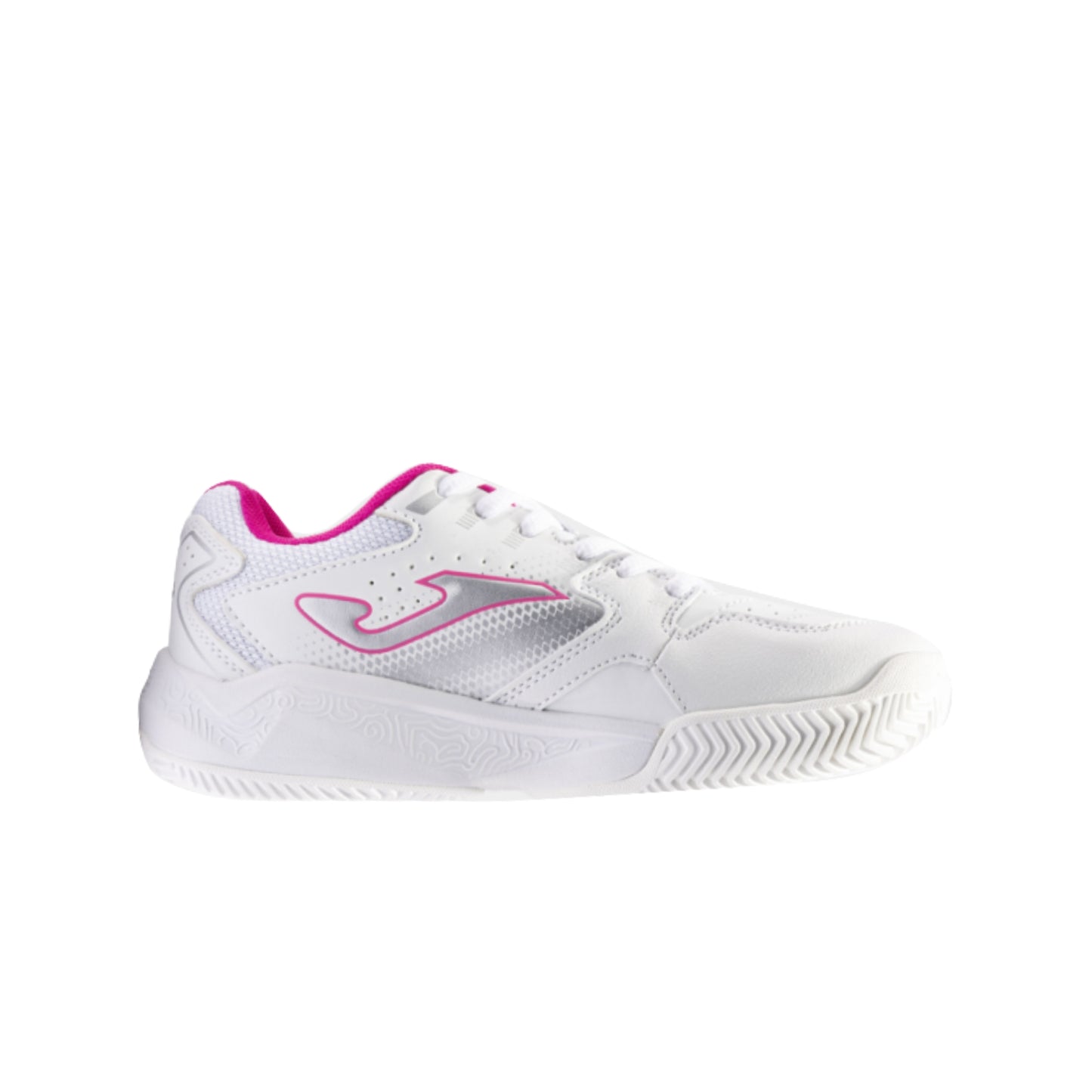 White tennis shoe with pink accents on a white background