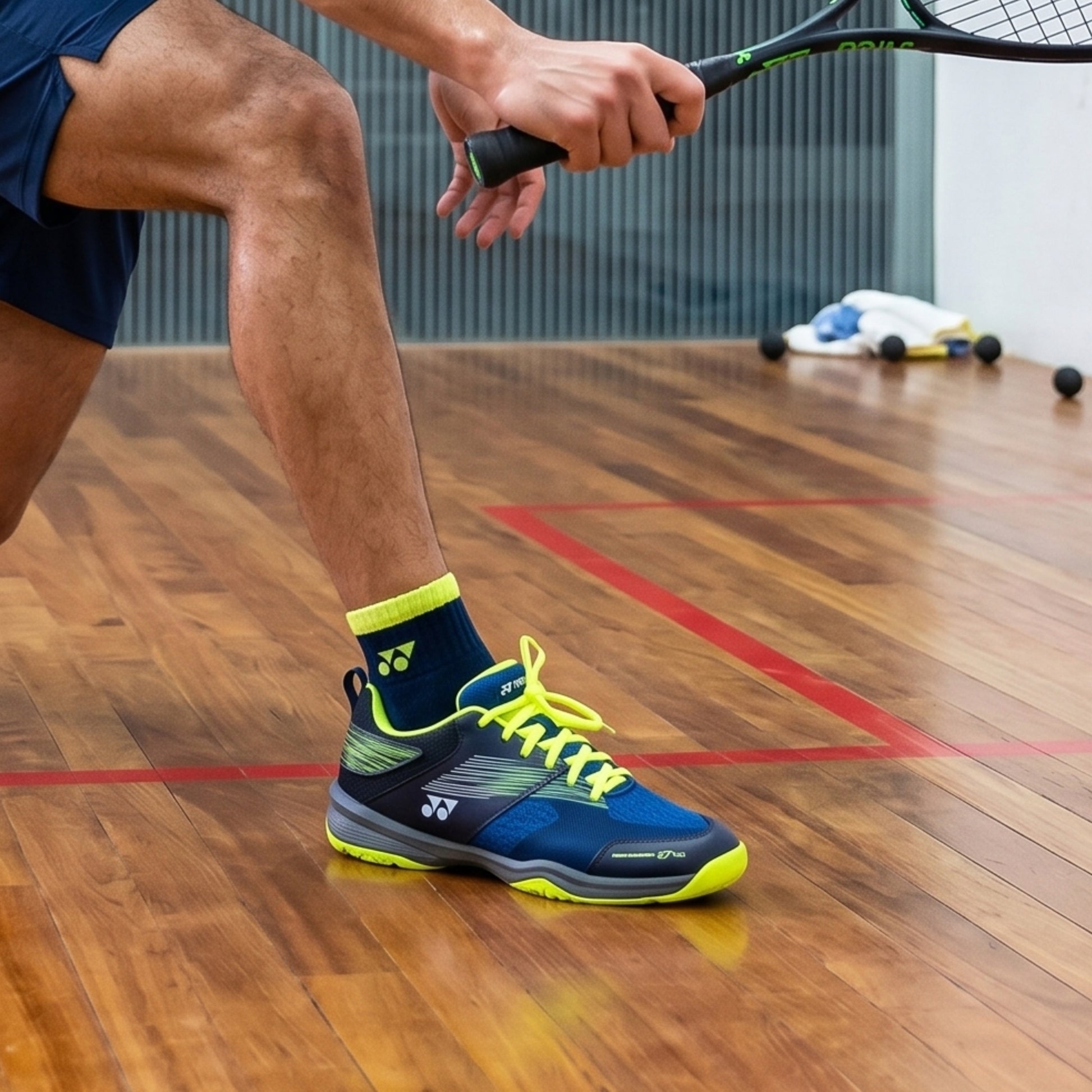 Person wearing blue and yellow athletic shoes on a wooden court